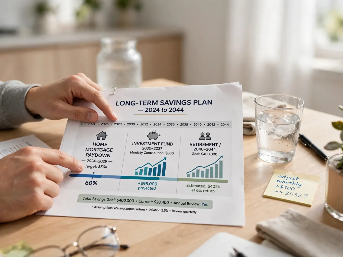 Concepto de planificación de ahorro a largo plazo: manos revisando un gráfico de línea de tiempo