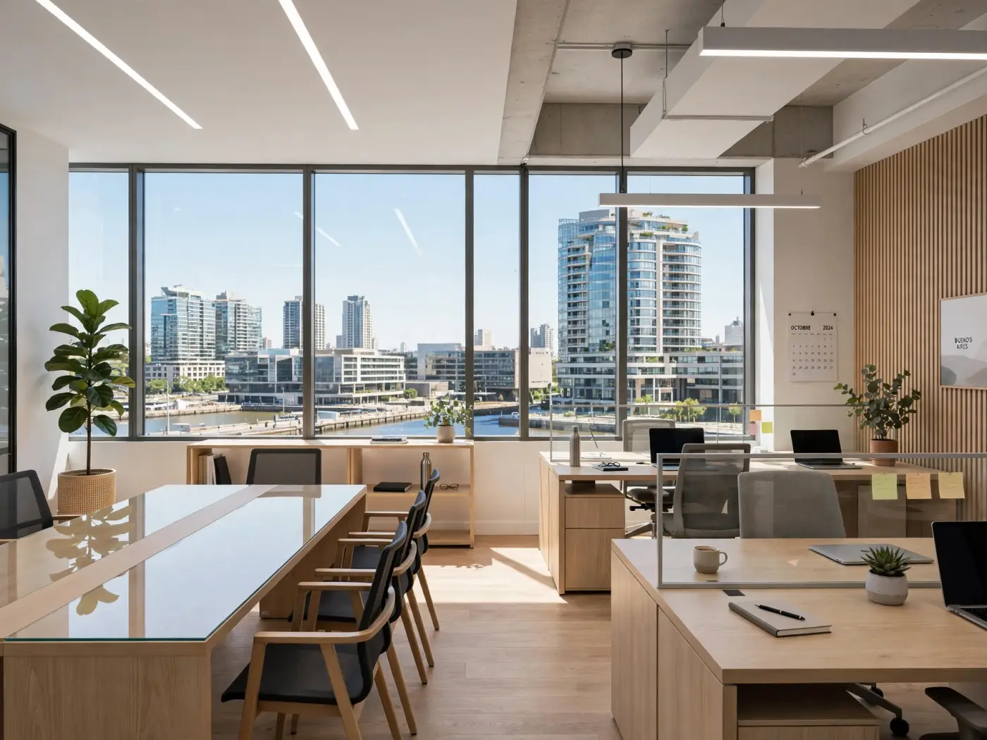 Interior de oficina moderna en Buenos Aires con grandes ventanas y vista a la ciudad