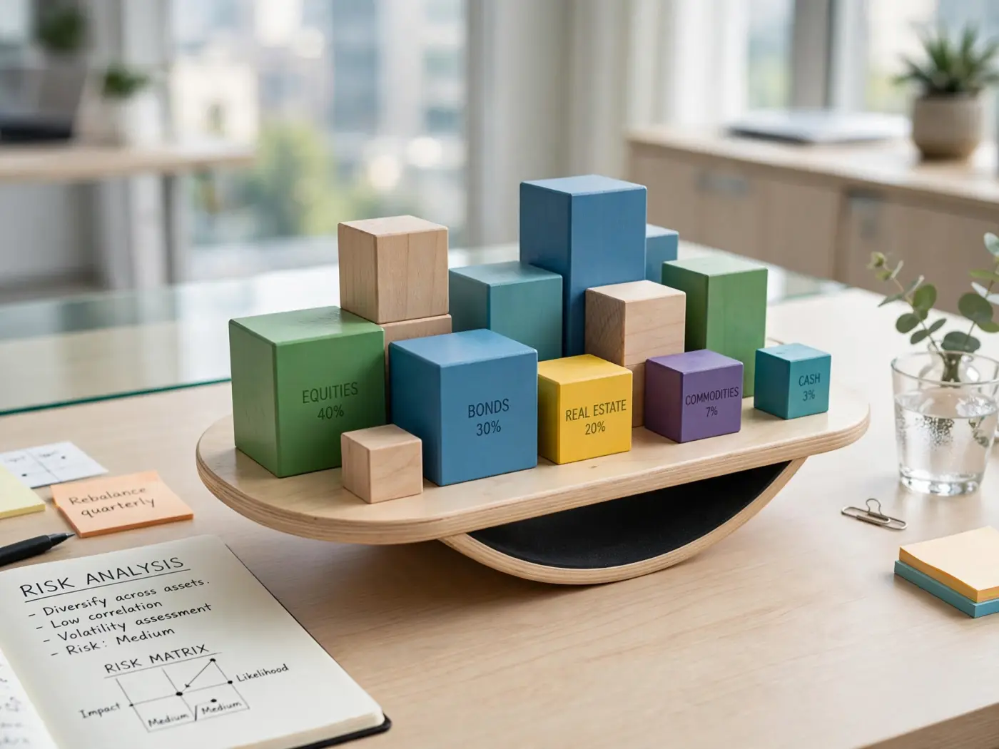 Concepto de análisis de riesgos y diversificación: bloques de colores sobre una tabla de equilibrio