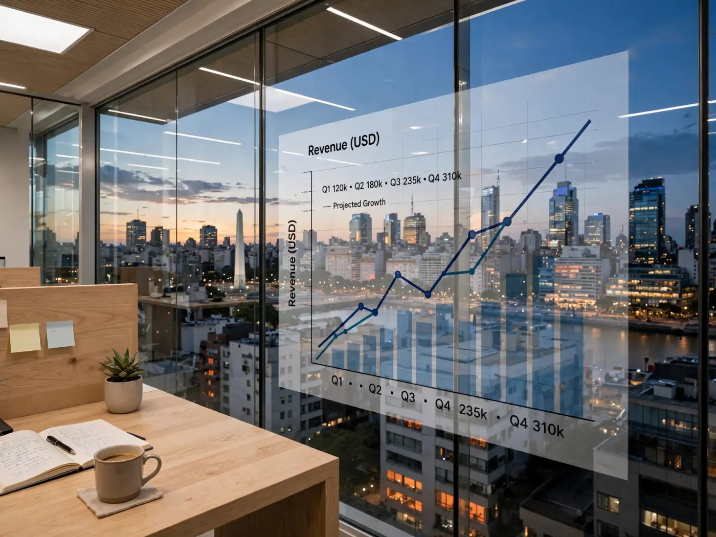 Horizonte de Buenos Aires al atardecer visto desde una oficina con reflejos de un gráfico en el vidrio