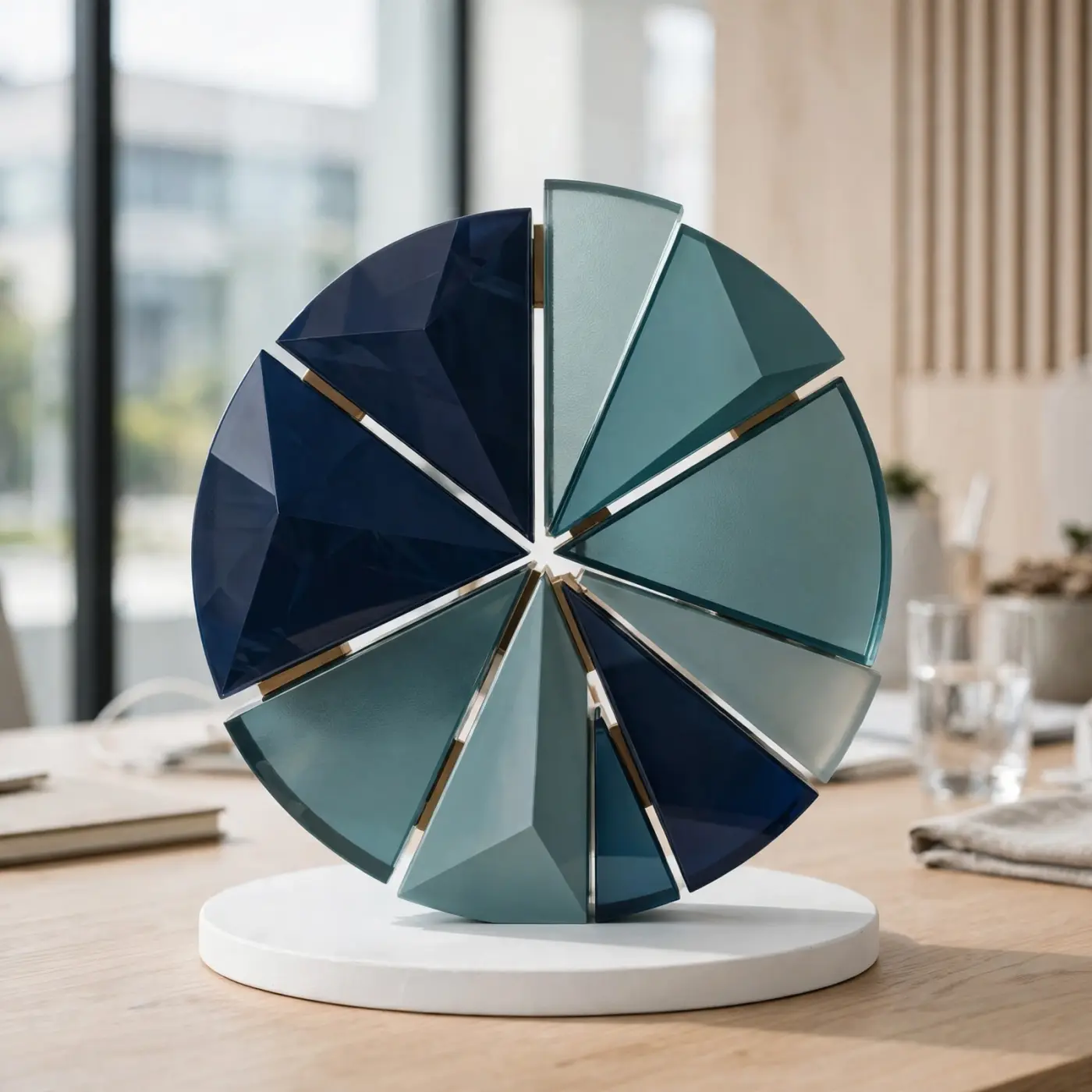 Escultura geométrica abstracta con forma de gráfico circular en tonos teal y azul marino